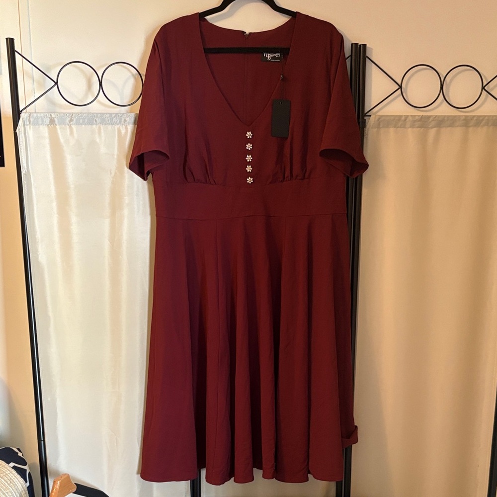 Hell Bunny Burgundy Midi Dress with Button Detail